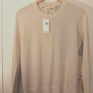 Tory Burch Ivory Sweater with Silk Bird-Print Back – Size M
